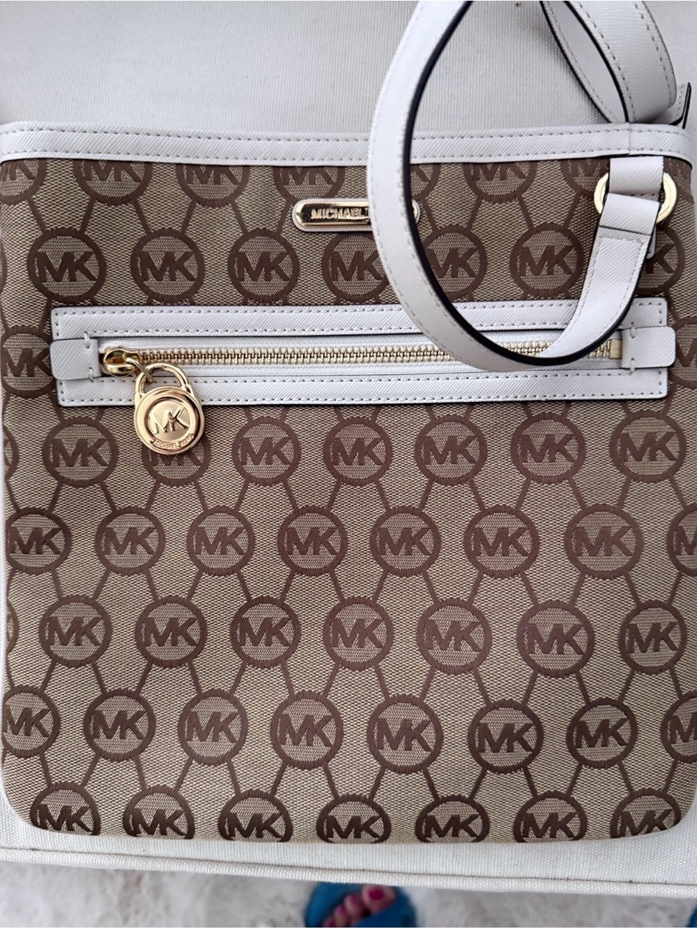 Michael Kors Taupe and White Logo Crossbody Bag